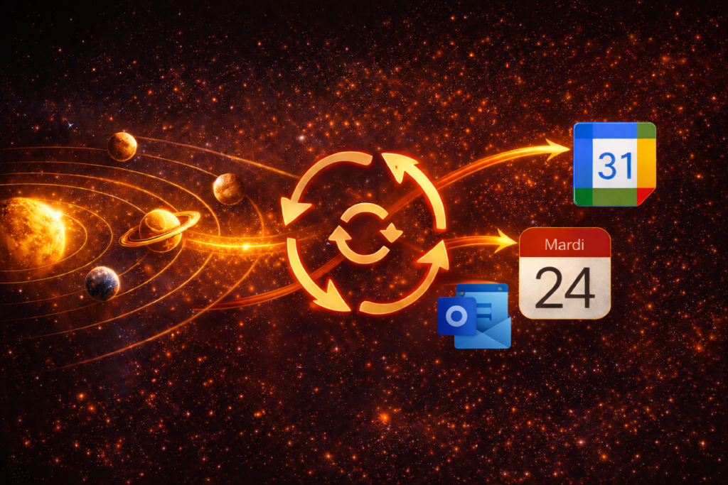 Synchronisation native du flux iCal AzimutDaily Calendrier numérique Outlook, Google Calendar et Apple Calendar 
pour un pilotage stratégique des transits astrologiques en temps réel.