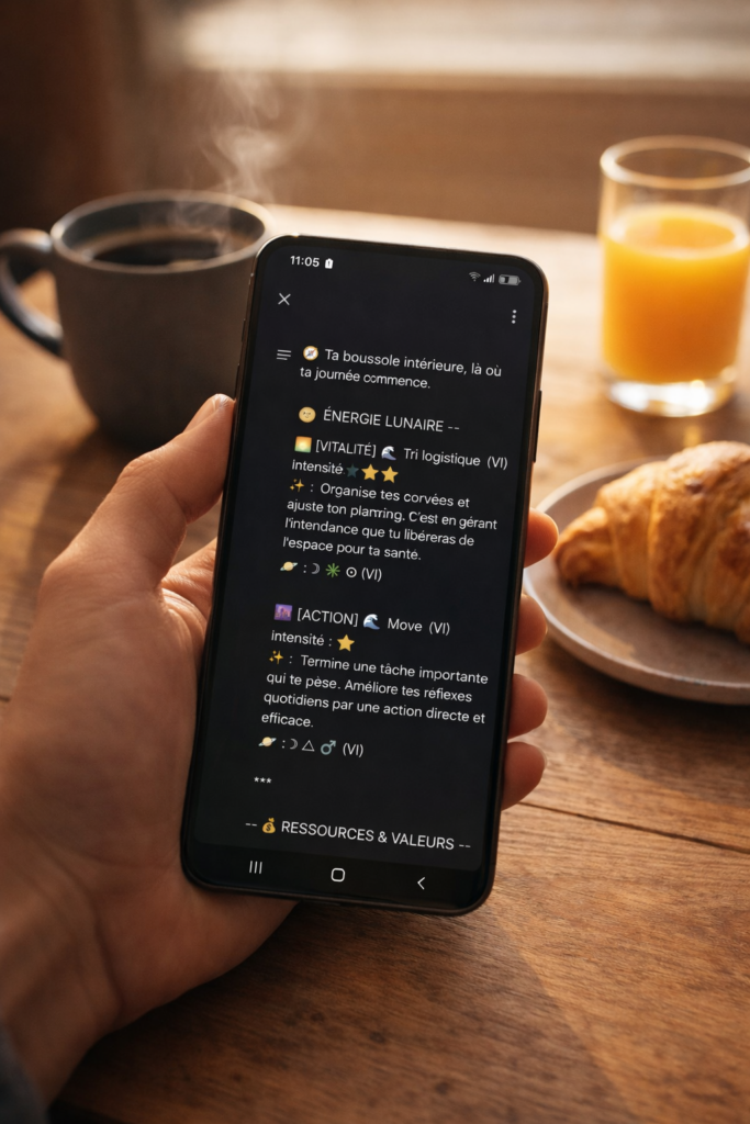 Notification d'agenda astrologique personnalisé AzimutDaily sur un smartphone haut de gamme, affichant un conseil de décision stratégique basé sur les transits planétaires.