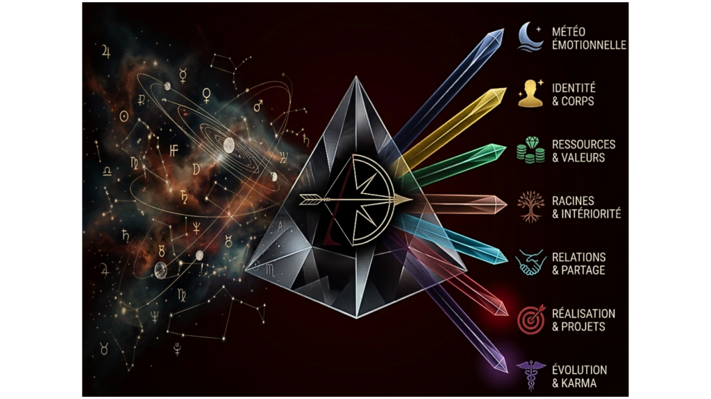 Schéma de la Méthode AzimutDaily : Segmentation des 7 domaines de vie
Le Prisme d'AzimutDaily transforme le chaos informationnel en donnée astrologique structurée par domaines de vie 