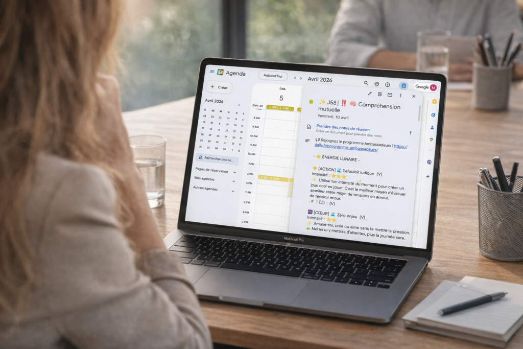 Interface d'agenda Google Calendar synchronisée avec le flux iCal AzimutDaily, montrant la prévisibilité des cycles astrologiques à 45 jours.